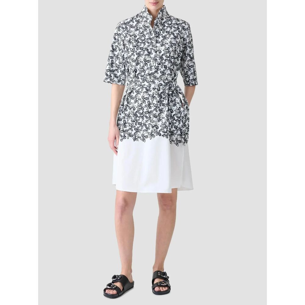Akris punto Daisy Print Cotton Poplin Belted Shirtdress Cream Black Size 6